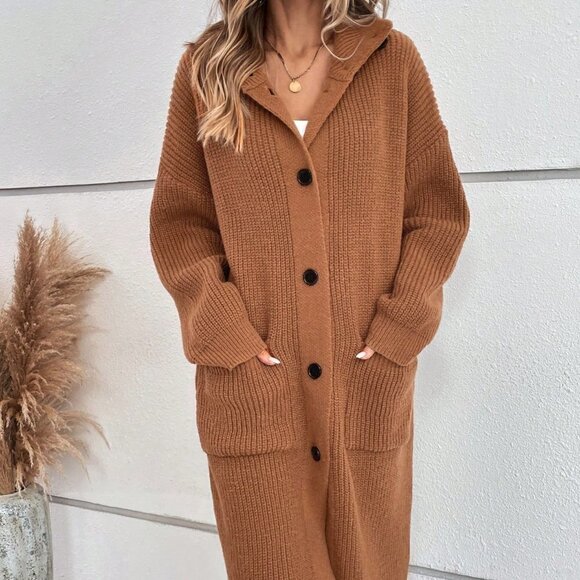 Dual Pocket Drop Shoulder Hooded Cardigan - Picture 1 of 5